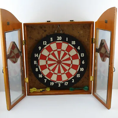 Vintage Wall-Mounted Wooden Dart Board & Cabinet Glass Doors Huge And Heavy 27  • $149.80