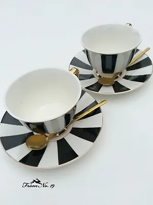 £26 • Buy Gift Box Set Of Two Black/White Stripy Cups And Saucers With Napkins And Spoons