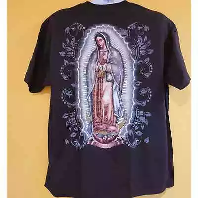 VIRGEN DE GUADALUPE T-SHIRT Nuestra Reyna Black With Glitter Size XL Graphic Tee • $19.95