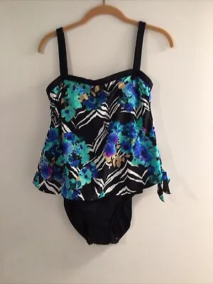 Maxine Of Hollywood Sz 10 Sarong  1 Piece Swimsuit Multicolor Black Built In Bra • $11.50