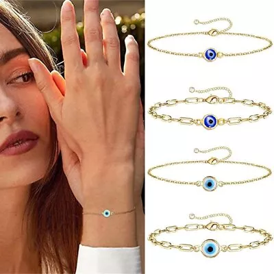 Women Stainless Steel Blue Eye Evil Eye Lucky Bracelet Bangle Chain Jewelry Gift • $3.01