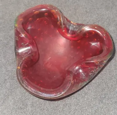 Murano Style Cranberry Bubble Glass Ashtray Bowl Mid Century 1960's No Sticker • $30