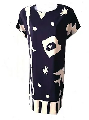 Vintage 80s Black+ Ivory Matisse Cut Out Style Print Silk Dress Mint MED • $75