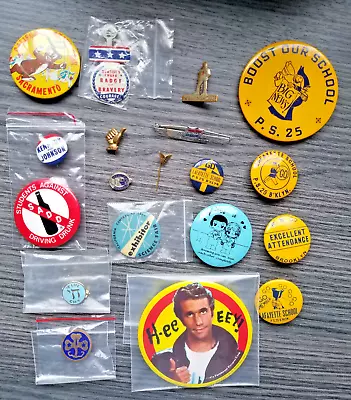 LOT Of 19 Vntg Pin Back Buttons: Kennedy Fonz War Scout School Adv't'g 30s-70s • $12.29