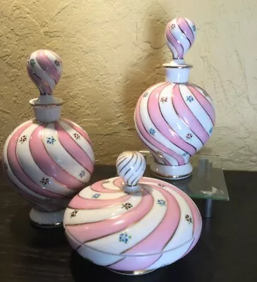 Rare 1950’s Pink & Gold Swirl Matson 3 Piece Perfume & Powder Box Vanity Set • $85