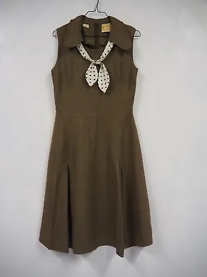 £10 • Buy True Vintage 1960s 70s Taupe Brown Linen Mod Dress With Collar Size 10 Small