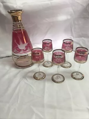 Vintage Etched Liquor Decanter Set With 5 Shot Glasses No Lid Rare Pink • $34.99