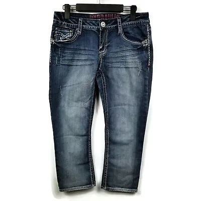 $16.76 • Buy Hydraulic Lola Dark Wash Distressed Embellished Crop Jeans Womens Juniors 9/10
