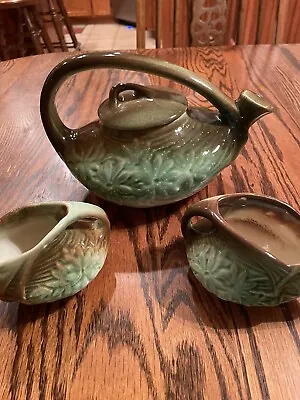McCoy Pottery Tea Set Green Daisy Pattern Teapot W/Lid Creamer & Sugar Bowl • $110.50