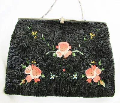 Black Hand Beaded Purse Embroidered Flowers Made France Vintage Clutch • $39.95