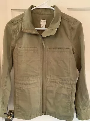 J Crew Army Green Cotton Utility Jacket Zip Snap Drawstring Womens Size XXS • $22.50