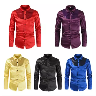 Men Shiny Shirt Top Sequin Satin Long Sleeve Party Club Button Down Disco • $33.23