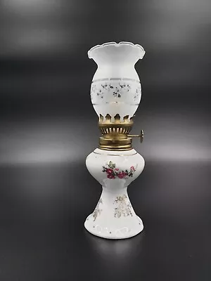 Small Vintage Milk Glass Oil Lamp Clear Glass Chimney Floral • $21