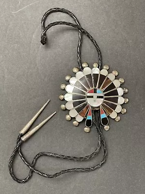 Vintage Zuni Giant Sun Face Sterling Silver And Multi Stone Inlay Bolo Tie • $299.99