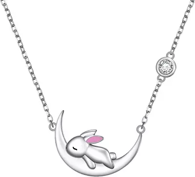 925 Sterling Silver Bunny On Moon Pendant Necklace For Women Valentines Day Gift • $86.35