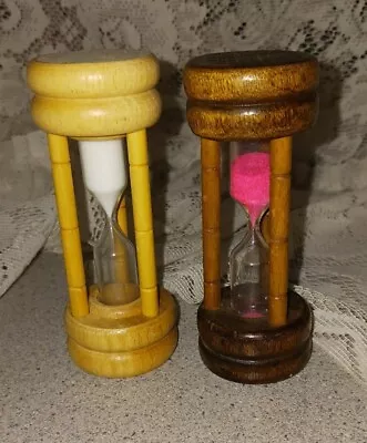 2 Vintage Wooden Egg 3 Minute Timers White Sand & Pink Sand Hour Glass 4  Tall • $21.95