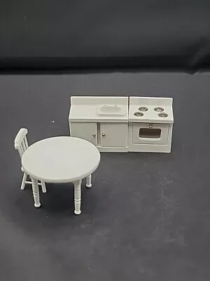 Vintage Miniature Dollhouse White Wooden Kitchen Set Stove Sink Table Chair  • $9.90