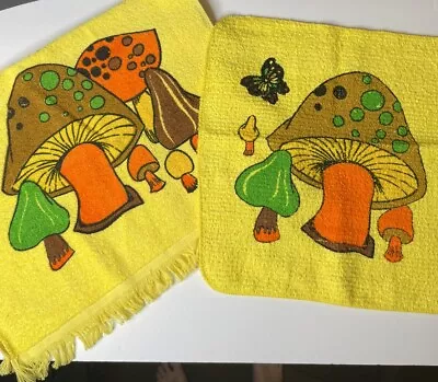 Vintage Mushroom Kitchen Hand Towel & Dish Cloth Yellow NOS Cannon Kitschy Set 2 • $39