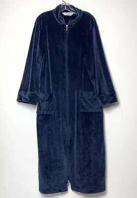 £37.72 • Buy Vermont Country Zip Front Velour Robe Size LARGE Blue Velvet POCKETS Lounge