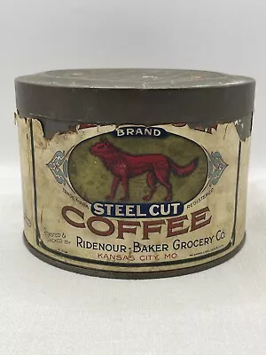 Vintage Red Wolf Coffee Tin 1 LB Paper Label Kansas City Advertising Antique Can • $65