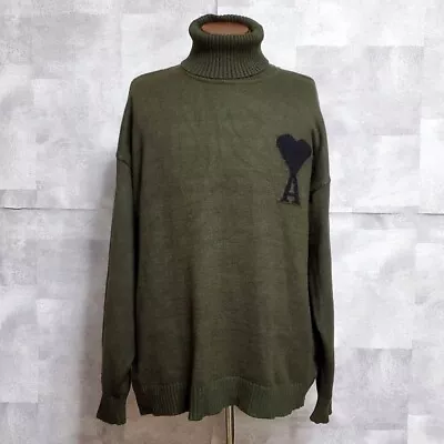 Ami Paris Men Size XL US 42 Cotton 100% Logo Turtleneck Knit Sweater Moss Green • $150