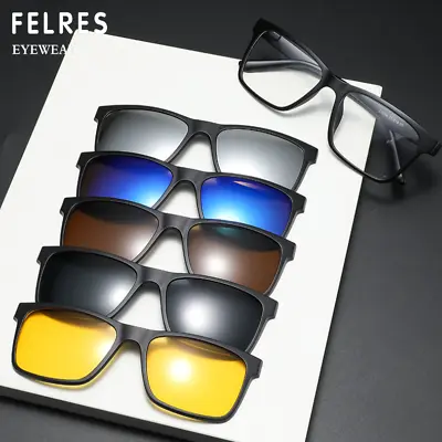 Men Women 5 In 1 Magnetic Clip On Polarized Sunglasses Square Glasses Frames New • $18.59