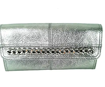 B. Makowsky Leather Clutch Wallet Metallic Silver Gray Chain Accent Fold Over • $35