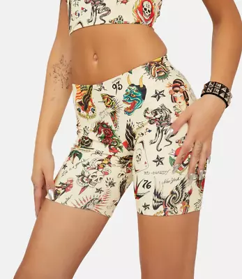 Ed Hardy Womens Size Small Tattoo Retro Flash Print Flashboard Bike Shorts NWT • $28