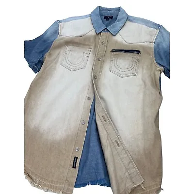 True Religion Men Shirt Frayed Short Sleeve Chambray Denim Button Up Large L • $49.97