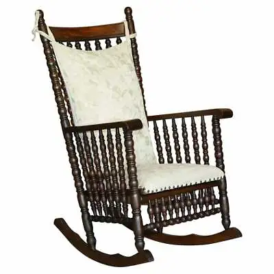 Victorian Oak Rocking Chair With Scottish Bobbin Turnings All Over Cherub Fabric • $2337.01