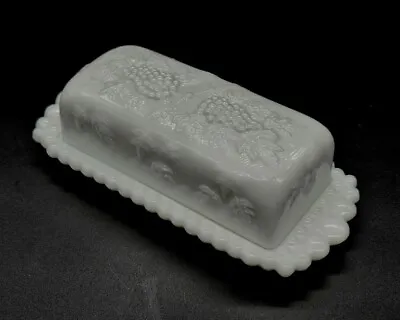 Vtg Westmoreland Milk Glass Scalloped Grape & Leaf Rectangular Covered Butter  • $19