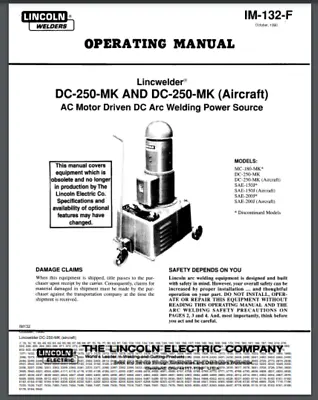 Lincoln Lincwelder DC 250 MK Standard & Aircraft Welder Owner Parts Manual • $15.95