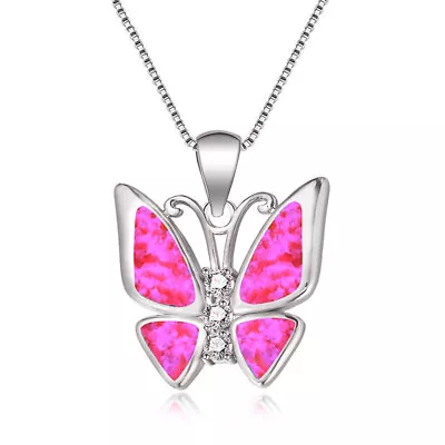 Fashion Simulated Opal Silver Butterfly Sweet Pendant Necklace Wedding Jewelry • $0.52