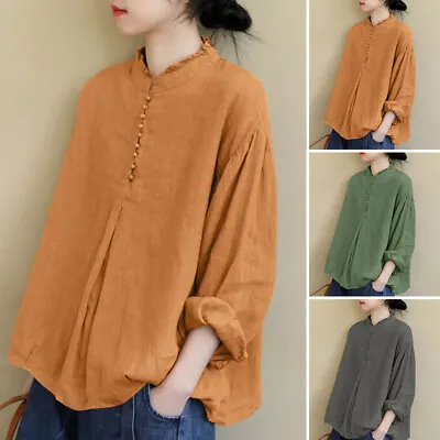 ZANZEA Womens Long Sleeve Button Up Tops Solid Cotton Shirt Casual Loose Blouse • $30.30