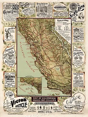 $12.95 • Buy Map Of California Roads For Cyclers 1896 Bicycle Print - 18x24