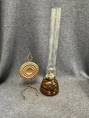 Vintage Amber Lamp Made In Japan Oil/w Bronze Reflector / Hanger & Cosmo Chimney • $39