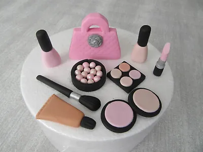 Edible Handmade Make Up & Bag Cake Topper Fondant Decoration (Candy Pink Blush) • £17.99
