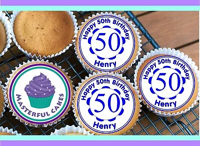 24 Personalised 50th Birthday Blue Design Edible Rice Paper Cup Cake Toppers  • £3.45