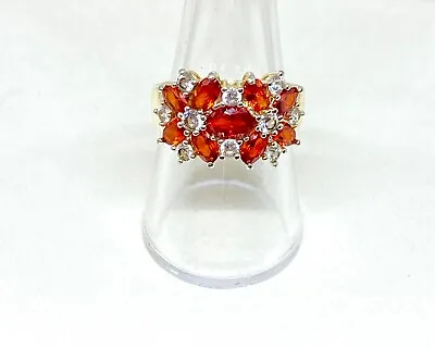 Sterling Silver Ladies Cluster Ring-Orange & Clear Cubic Zirconia-925-UK Size P • £17.50