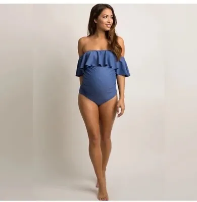 Pink Blush Maternity Ruffle Trim Ruched One Piece Swimsuit In Blue Size XL • $30