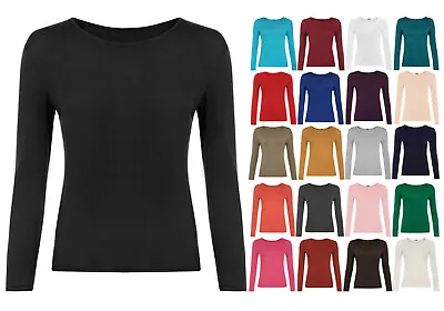 Womens Ladies Long Sleeve Stretch Plain Scoop Neck T Shirt Top Assorted 8-20 • £6.29