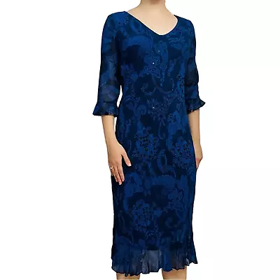 Vintage Dress Knee Length Blue Cocktail Floral Sequin Modest Sheath Size Small • $25