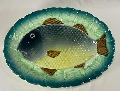 Large 15” Vintage Or Antique Majolica Platter W/Leaves & Unique Fish - RARE! • $89.99