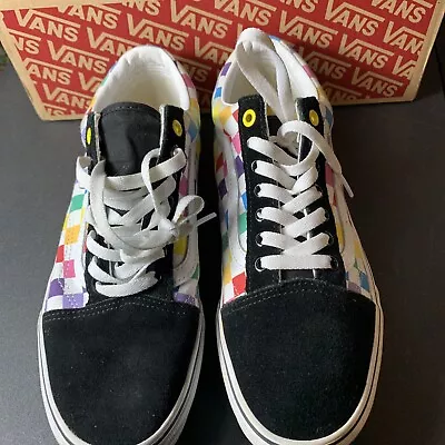 Men’s Size 8.5 Women’s 10 Rainbow Checker Van’s Old Skool Blk Shoes Sneakers AH • $32.99