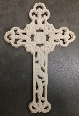 SHABBY WHITE BUDDED FLOWER CROSS Two Sided Cast Iron Floral Wall Decor • $13.99