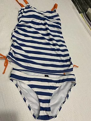 Motherhood Blue White Striped Woman’s Maternity Bathing Suit Tankini Size Small  • $12