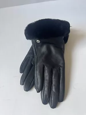 NWT Ugg Classic Leather Shorty Shearling Trim Gloves ~ Black ~ M • $49.99