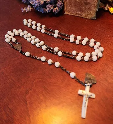 Vintage Catholic Rosary Mother Of Pearl Cross MOP With Beads Sterling Heart • $35