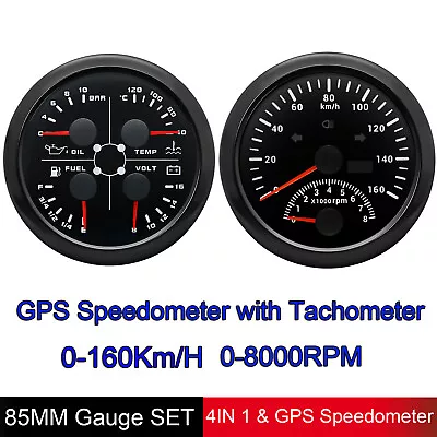 2 Gauge Set 85MM GPS Speedometer 0-160Km/H & 4IN1 Fuel Water Temp Oil Press Volt • $90.01