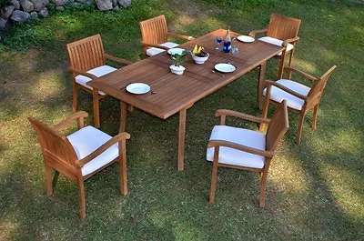 7 Pc Outdoor Dining Teak Set - 94  Rectangle Extn Table 6 Stacking Arm Chairs • $3139